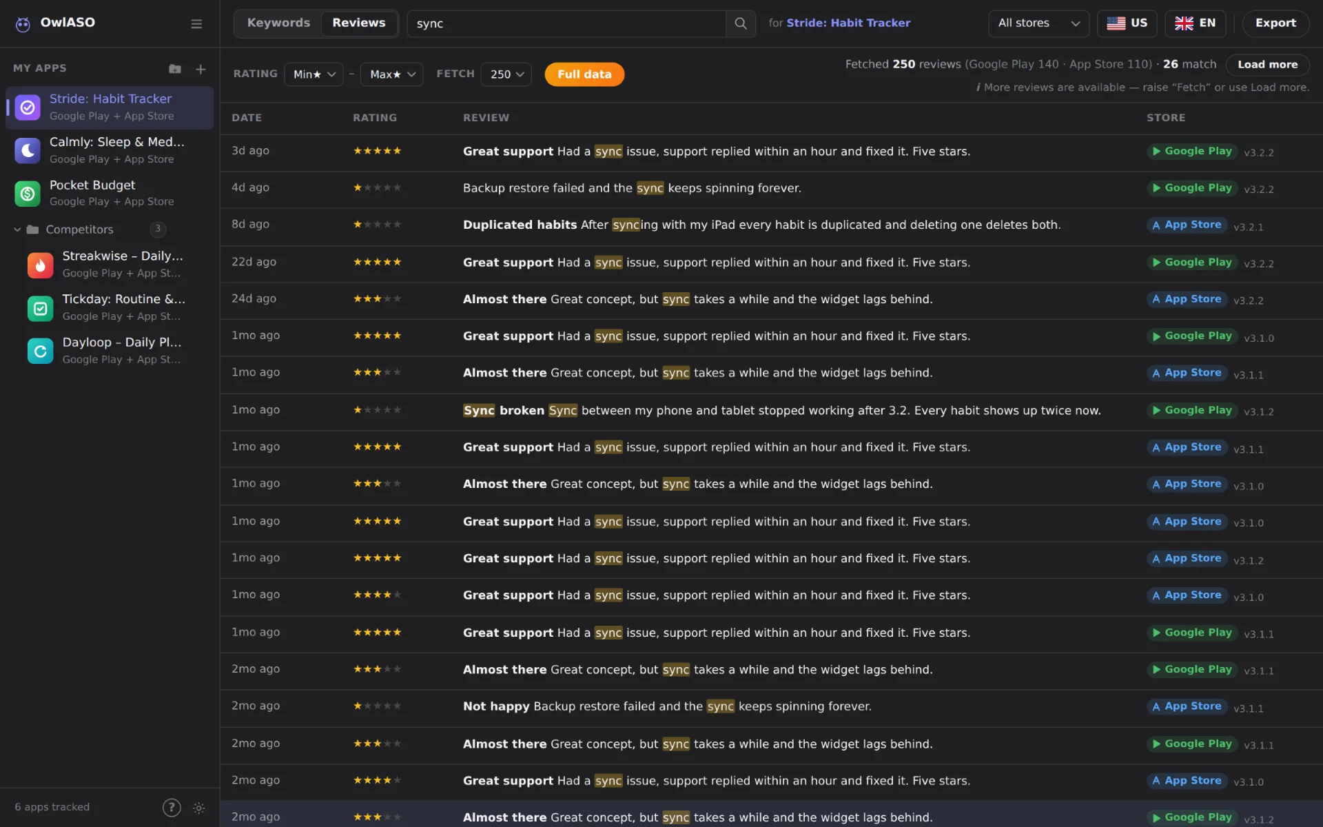 Reviews filtered by the word “sync”: 26 matches from Google Play and the App Store with the word highlighted (dark theme)