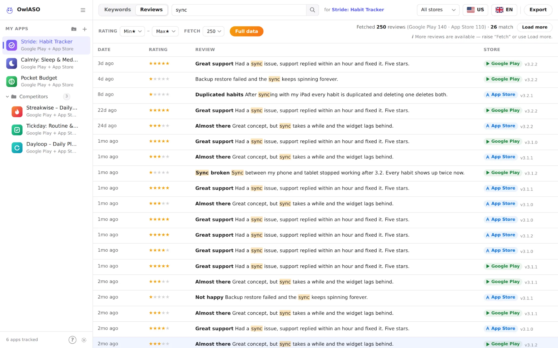 Reviews filtered by the word “sync”: 26 matches from Google Play and the App Store with the word highlighted